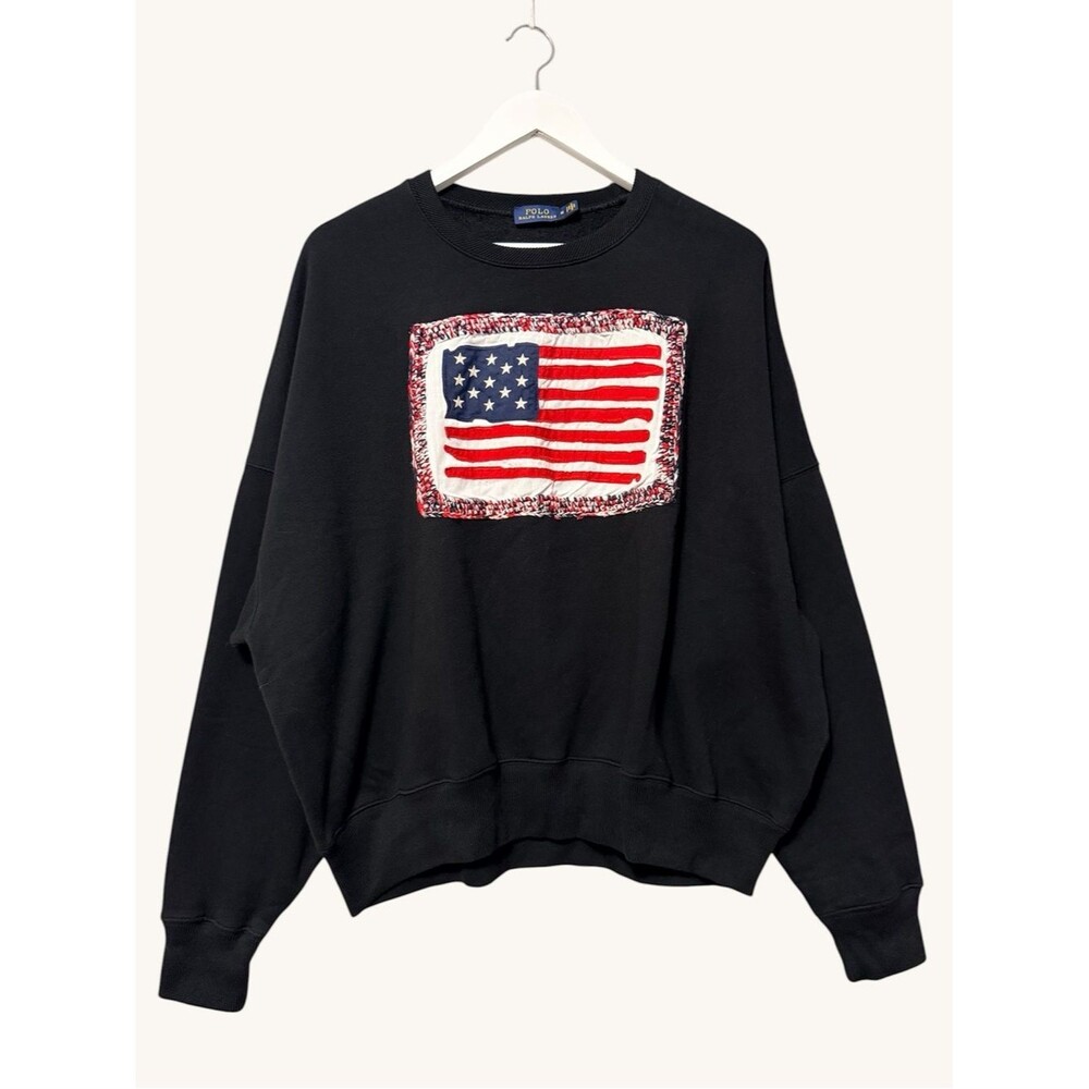 Polo Ralph Lauren Embroidered Flag Sweatshirt Boxy Oversized Size Medium Black